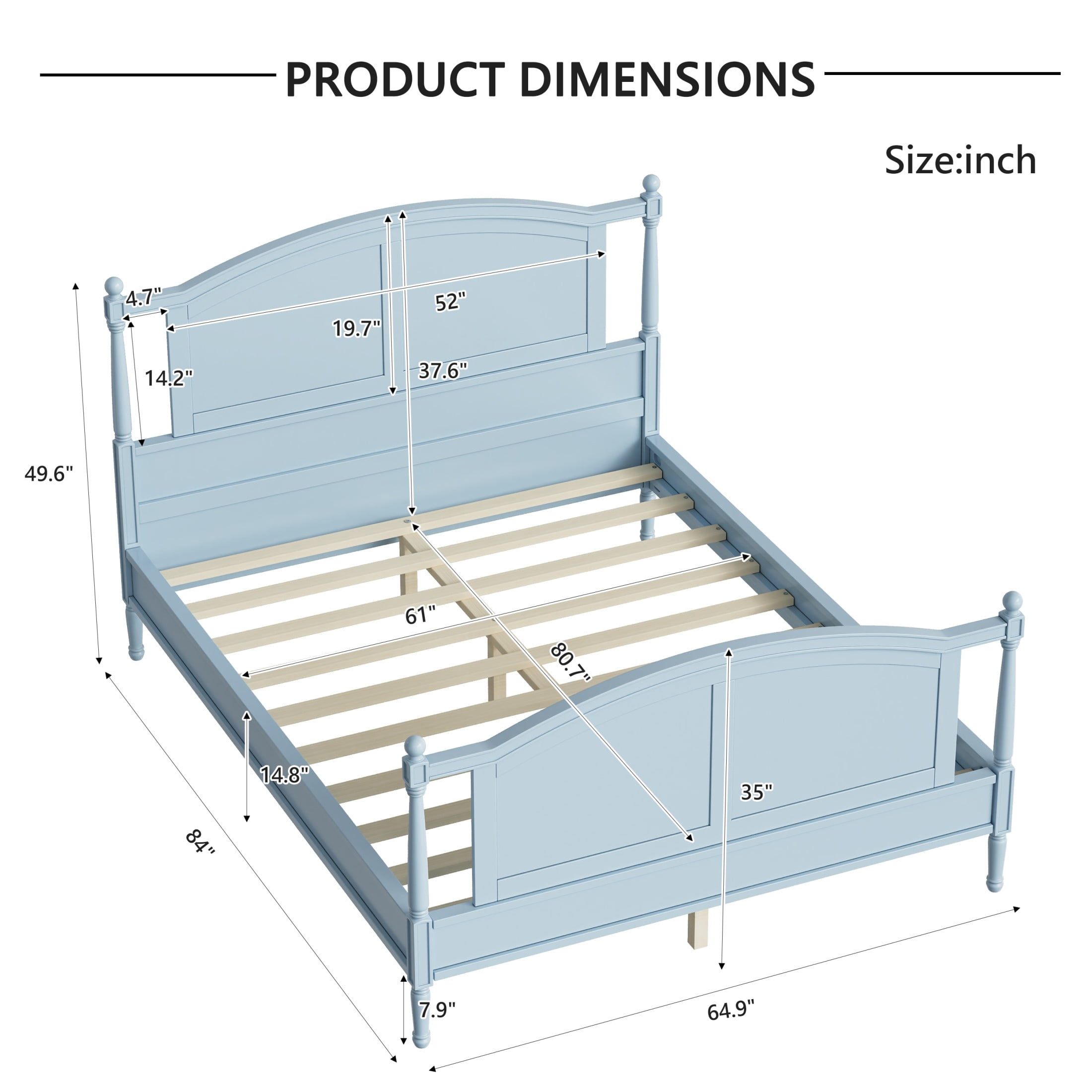 Noble House Norra Traditional Wooden Platform Queen Bed Frame with Arched Headboard, Cottage Panel Bed Frame, Light Blue