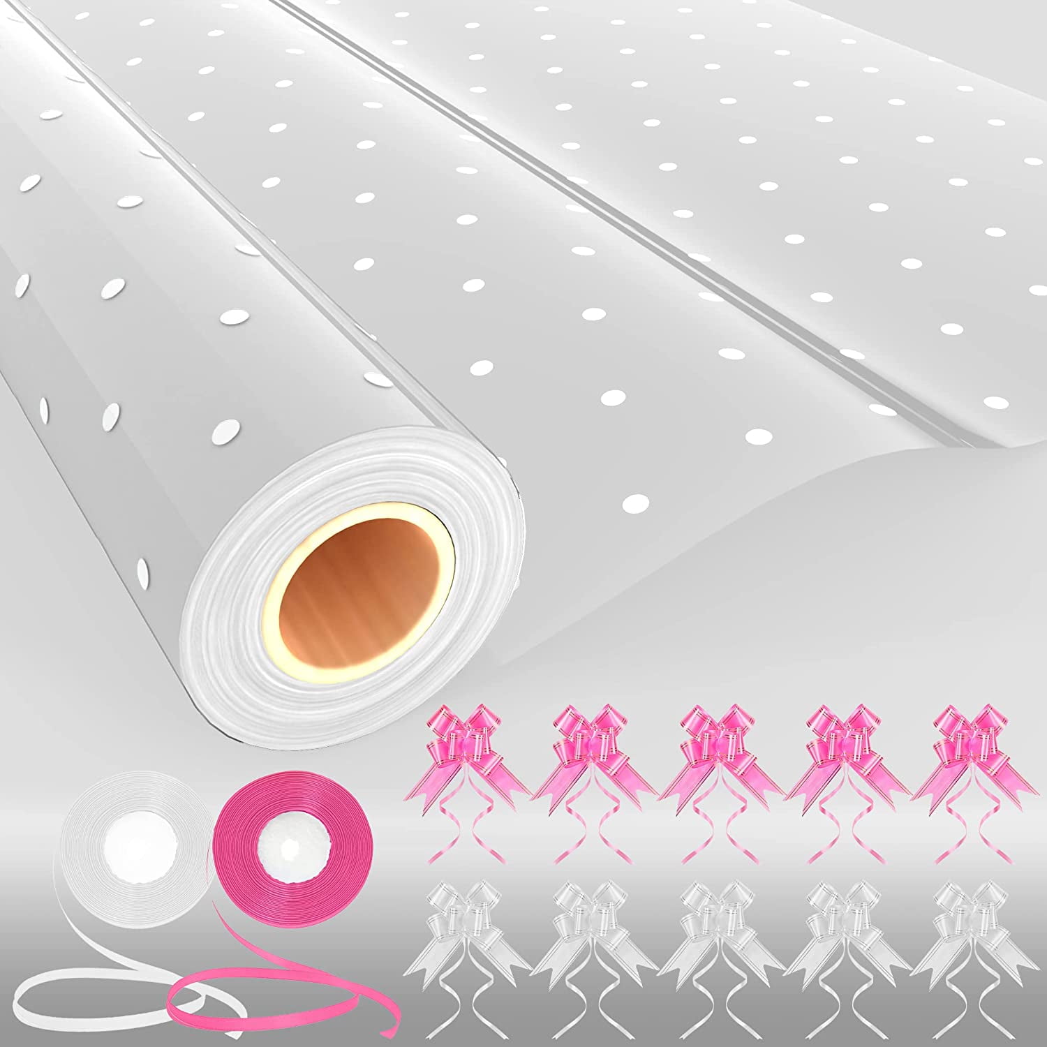 White Dot Cellophane Wrap (100 ft x 31" inch) with 10 Pull Bows and 2 Ribbons Florist