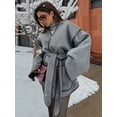 thumbnail image 4 of Chaqueta de lana con borde de cuero gris para mujer, abrigos elegantes con cuello en V y cinturón con bolsillos, ropa de calle alta para mujer, moda de otoño, nuevo, 4 of 5