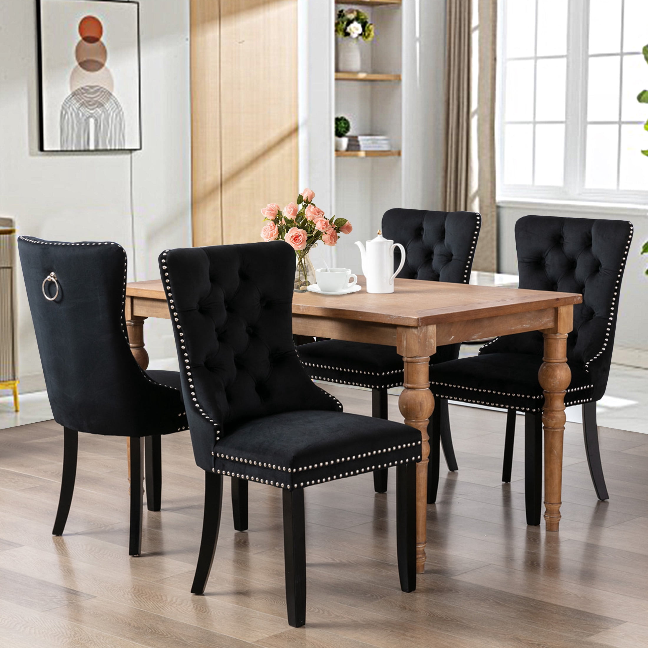 Paproos Dining Chairs Set of 2, Upholstered High-End Tufted Dining Room Chair with Back Ring and Nailhead Trim, Modern Velvet Kitchen Chairs with Solid Wood Legs for Kitchen, Home,Black