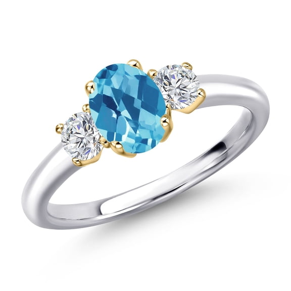 Gem Stone King 925 Silver and 10K Yellow Gold Swiss Blue Topaz and Lab Grown Diamond Engagement Ring for Women | 1.34 Cttw | Oval Checkerboard 7X5MM | Gemstone November Birthstone | Size 7