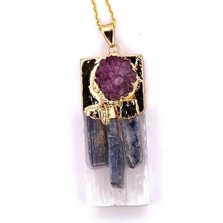Natural Kyanite, Selenite & Purple Geode Crystal Gold Necklace NKSPUGCGN2