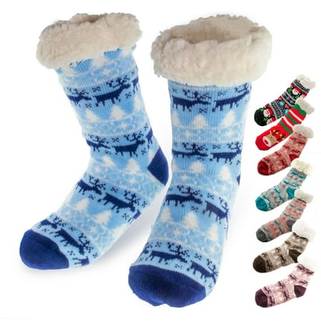Women's Thermal Sherpa Slipper Socks (2 Pairs) - Plush Fleece, Warm & Toasty Footwear for Cold Winter Weather – Non-Skid Gripper Bottom, for Cozy Indoor Nights & Christmas Holidays - Light Blue Blue