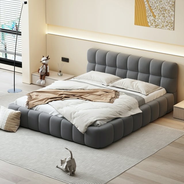 MODERNLUXE Queen Size Upholstered Platform Bed Frame with Thick Headboard, Linen Fabric Grounded Bed with Solid Wood Frame for Bedroom,No Box Spring Needed,Gray