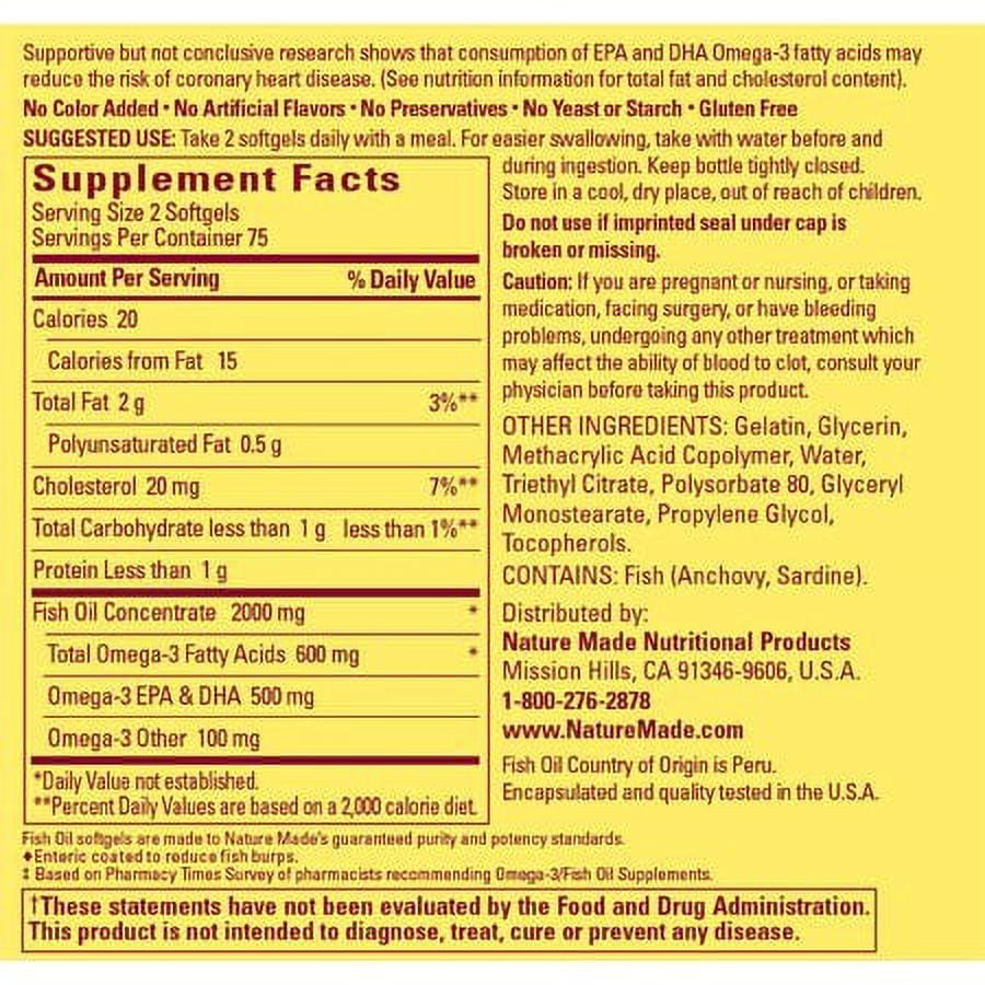 Nature Made Fish Oil 2000mg Burp-less Softgels, 250 Count, Omega 3 Supplement For Heart Health