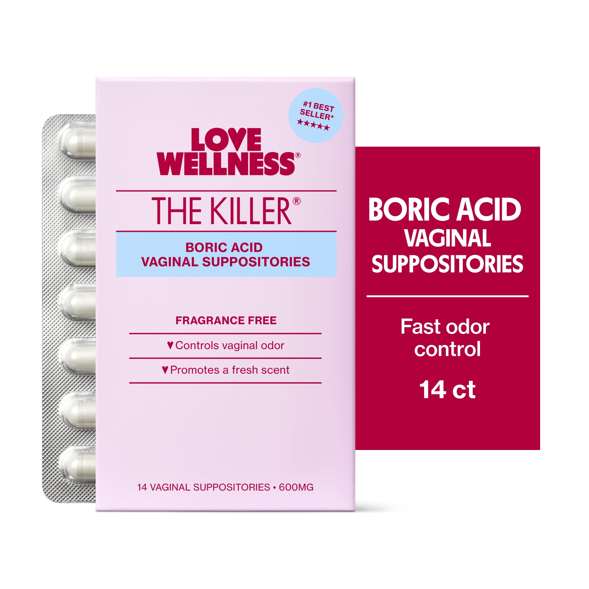 Love Wellness The Killer Boric Acid Vaginal Suppositories, 14ct