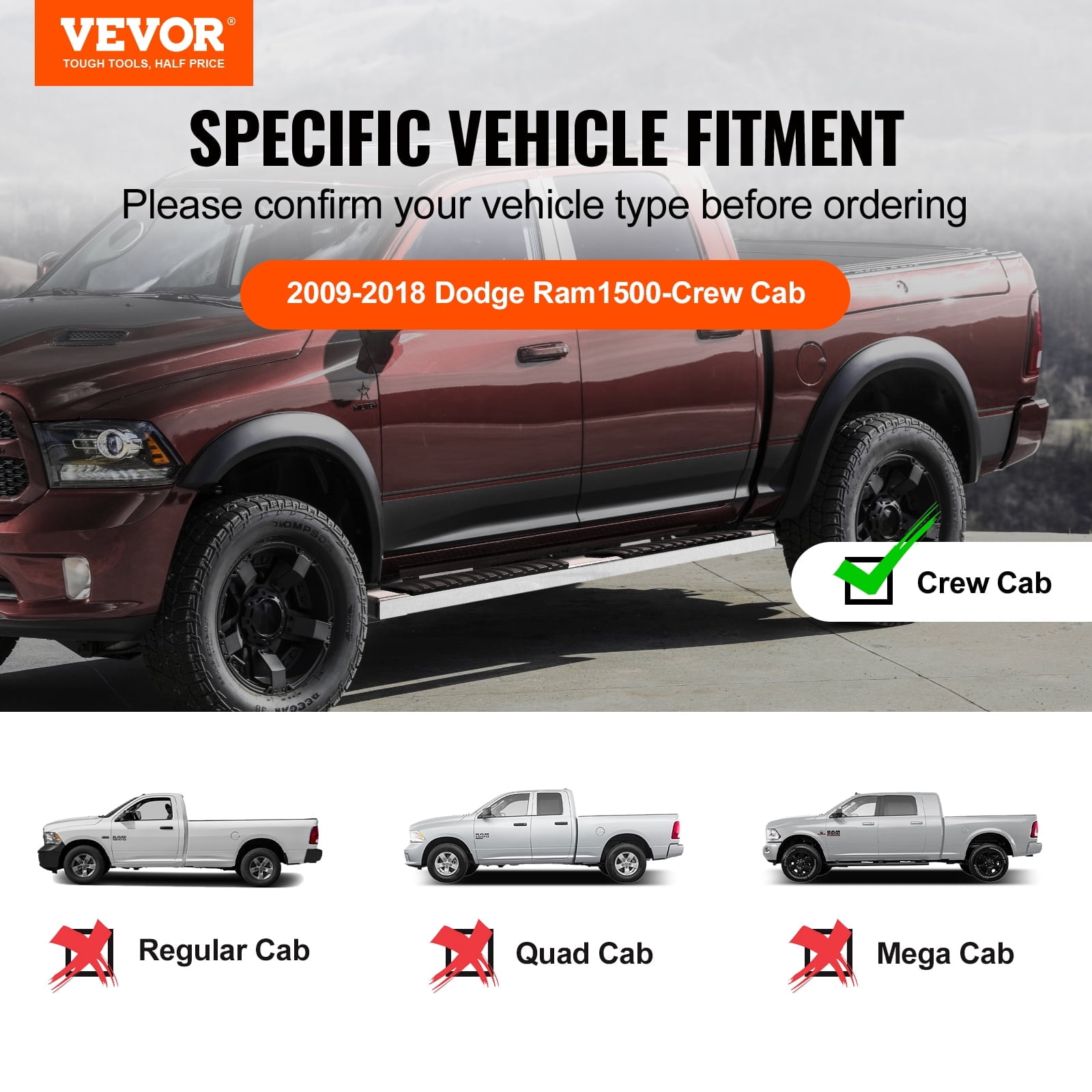 VEVOR Running Boards, 6" Step Bars Compatible with 2009-2018 Dodge Ram 1500/2010-2023 Ram 2500/3500 (Includes 2019-2023 Classic) Crew Cab, 201 Stainless Steel Side Steps Nerf Bars, 500LBS, 2 PCS