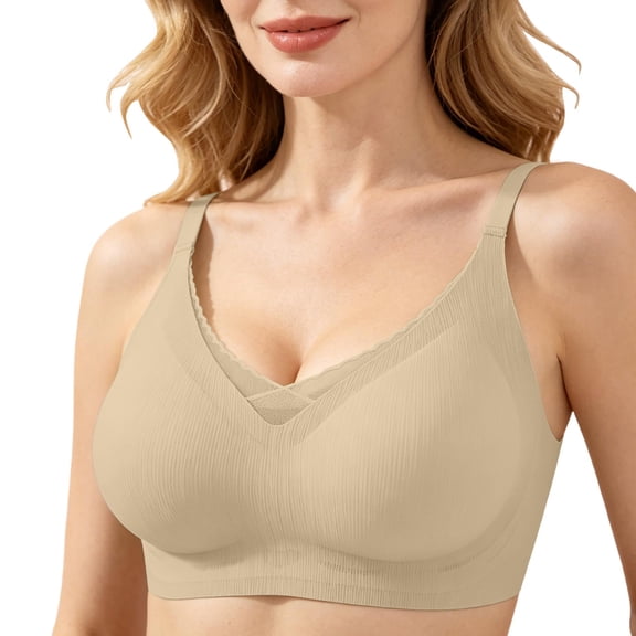 Yijfswar Seamless Underwear for Women Bralette Ribbed Wireless V-Neck Soft Cup Everyday Bra