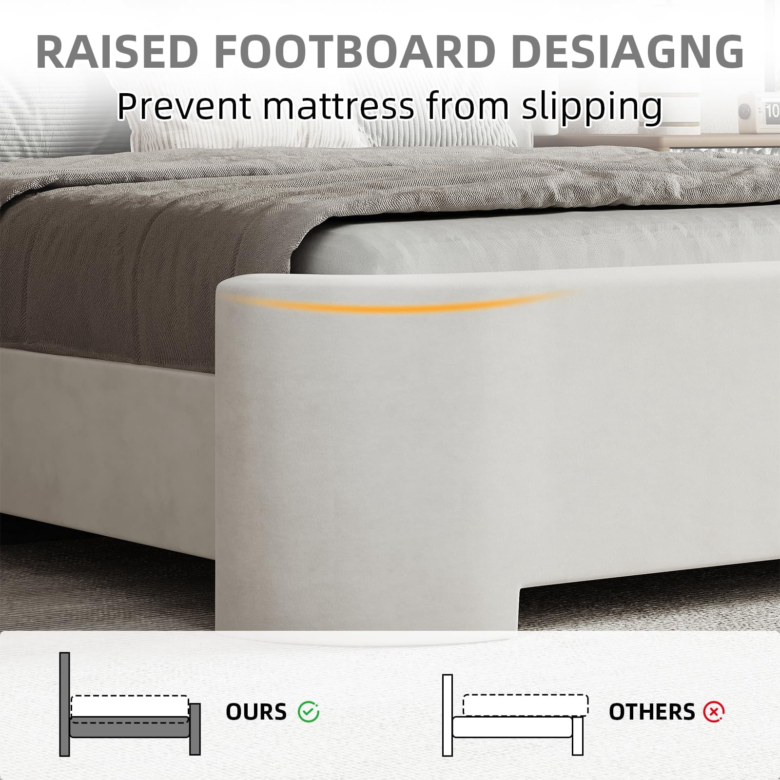4 Ever Winner Queen Size White Velvet Bed Frame, Elegant Curved Upholstered Bed Frame with Rounded Safety Corners, Stable Noise-Free Platform Bed Frame, Easy Assembly, White Bedroom Bed