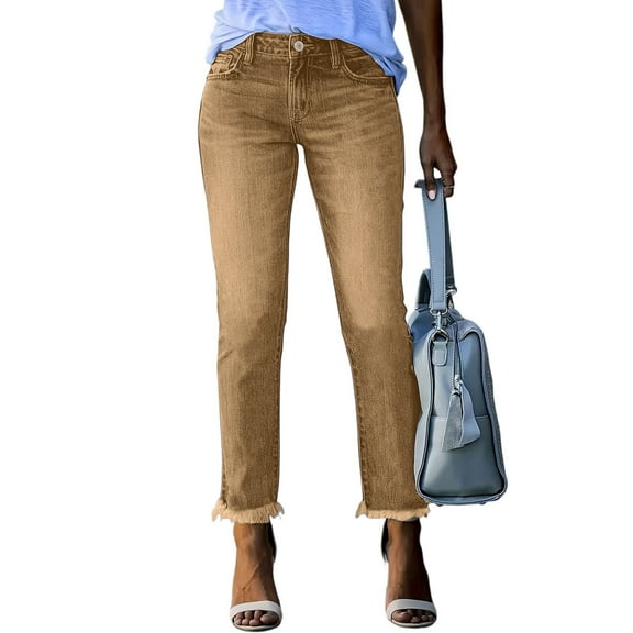 Trendy Stretchy Baggy Jean Ankle Denim Pants With Pockets High Waist Straight Leg Boyfriend Jeans Jeans for Women Y2K Frayed Raw Hem Ripped Distressed Jean Travel Cropped Pants Cowgirl Outfits