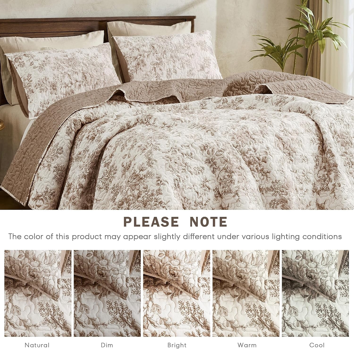 Taupe Floral Cotton Queen Quilt Set 3-Piece