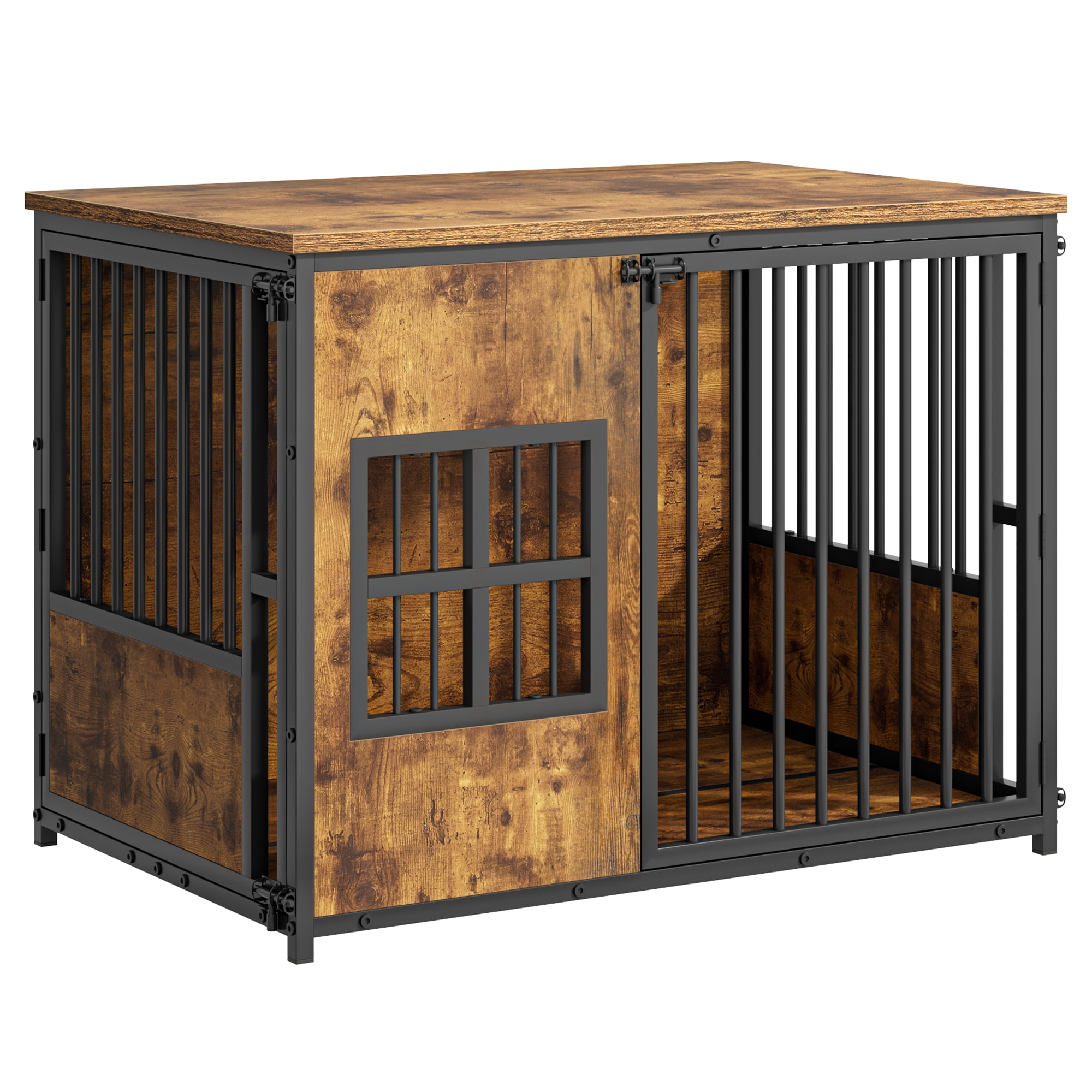 Dog Crate with Storage Top and Wooden Design, Large Indoor Pet Kennel and Dog Cage Furniture for Living Room Bedroom, Antique Brown