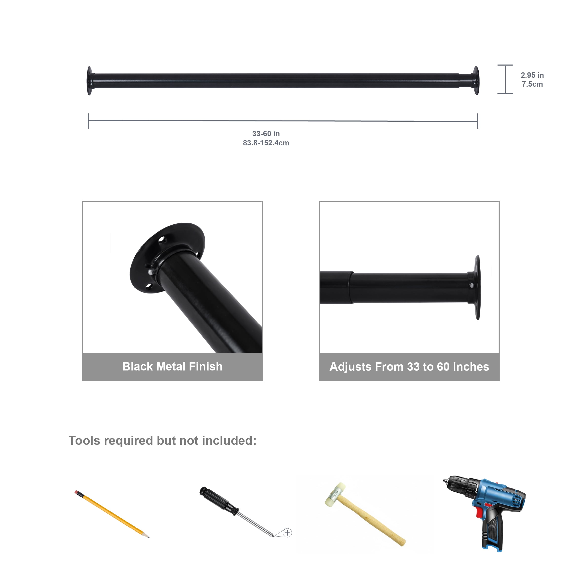 Better Homes & Gardens 33–60" Steel Adjustable Closet Rod for Adult, Black