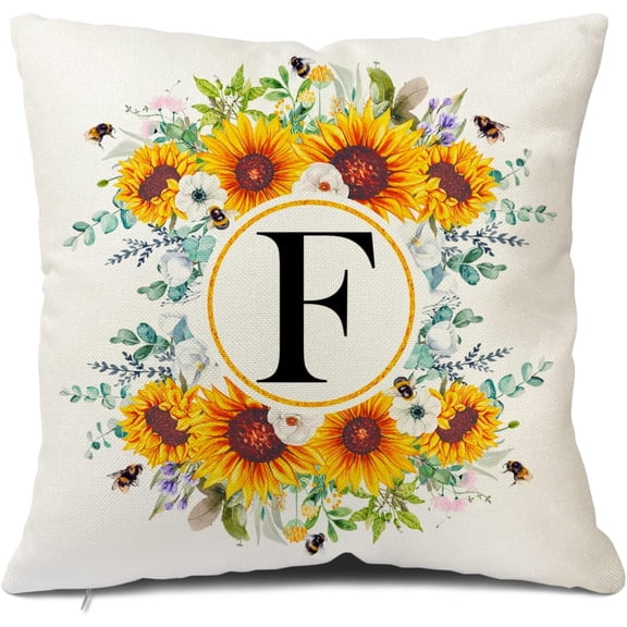 Monogram Letter F Summer Sunflower Throw Pillow Covers 18x18 Inch, Floral Bee Pillows Covers Decorative Family Last Name Initial Throw Pillowcase Decor for Couch Sofa