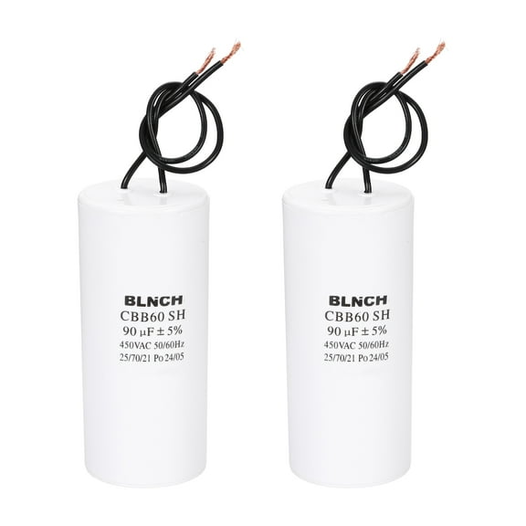 Uxcell 2 Pcs CBB60 Running Capacitor, 90uF 450V 2 Wire Electric Air Compressor Motor Run Starting Capacitor for Washing Machine, Refrigerator, Air Conditioner, White