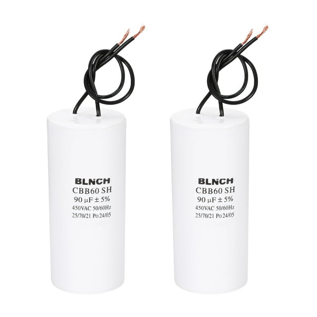 Uxcell 2 Pcs Capacitor de Arranque CBB60, 90uF 450V 2 Hilos Capacitor de Arranque de Motor Eléctrico para Compresor de Aire, Lavadora, Refrigerador, Aire Acondicionado, Blanco