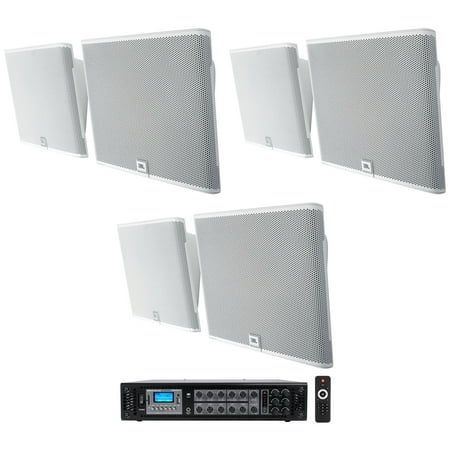 6) JBL SLP12/T-WH White Low-Profile On Wall Mount 3" 70v Commercial Speakers+Amp