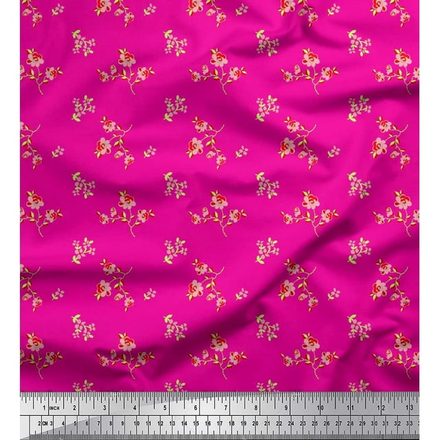 Soimoi Modal Satin Fabric Leaves & Floral Artistic Printed Fabric 1 Yard 42 Inch Wide