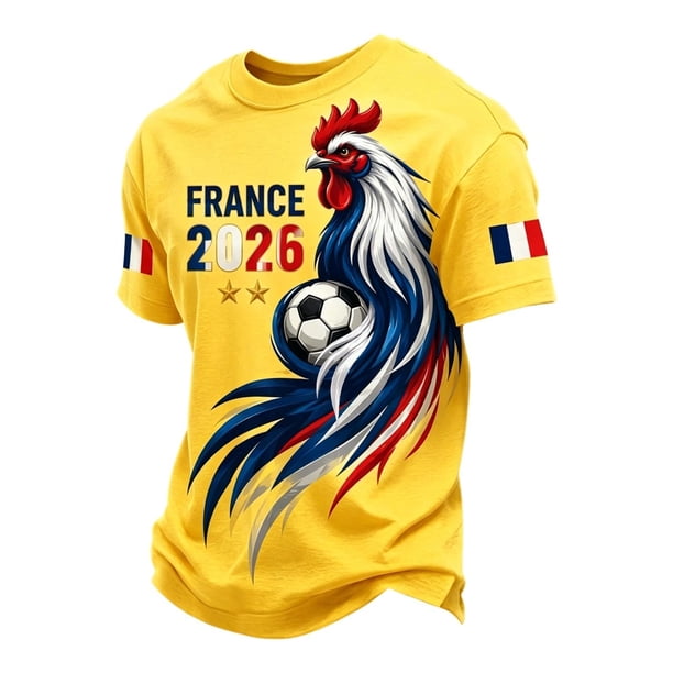 Men's France Football Graphic T-Shirt, Men's Soccer Printed T-Shirt Round Neck Short Sleeve for Soccer Tournament 2026 Yellow Size: 3XL