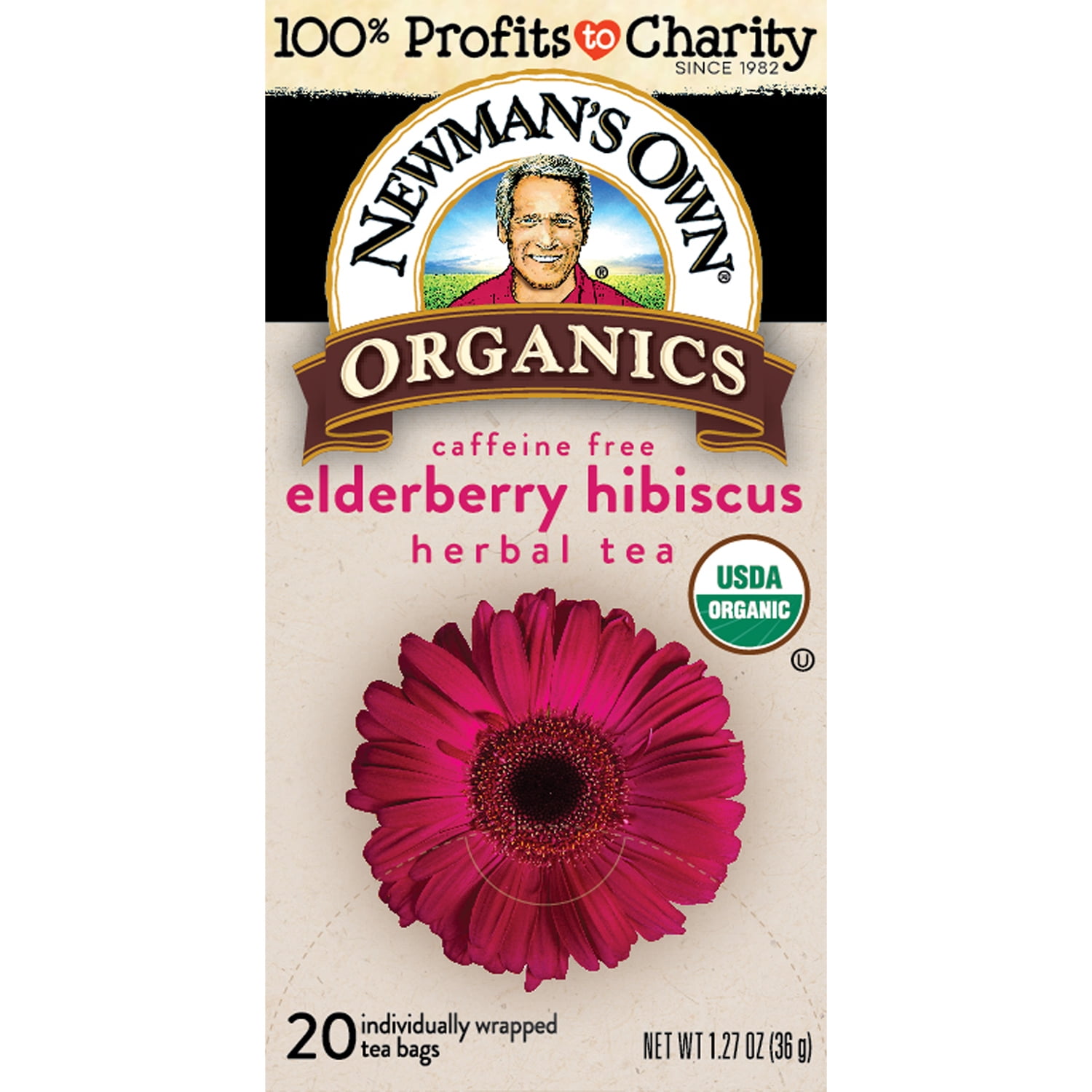 Newman's Own Organic Elderberry Hibiscus Tea Containing Healthy Antioxidants with 20 Individually Wrapped Tea Bags Per Box (Pack of 6) USDA Certified Caffeine Free Brew Hot