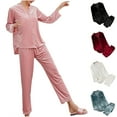 thumbnail image 5 of Xfvqtps Pajamas Set for Women Top and Pant Velvet Lace Open Front with Pearl Button Solid Color V Neck Long Sleeves Cozy Soft House Wear Casual Warm Winter Loungewear White, 5 of 6
