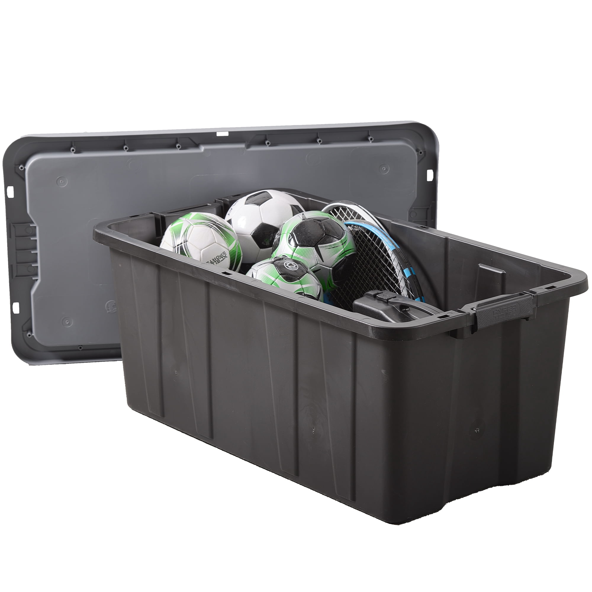 (Pack of 3) Hyper Tough 40 Gallon Large Storage Bin with Latch Lid, Black and Gray, Heavy Duty Plastic Storage Container Black and Gray