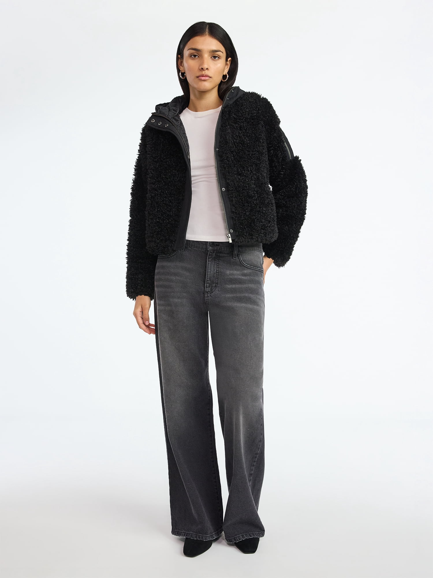 Scoop Women's Mixed Media Teddy Jacket with Hood, Midweight, Sizes XS-XXL
