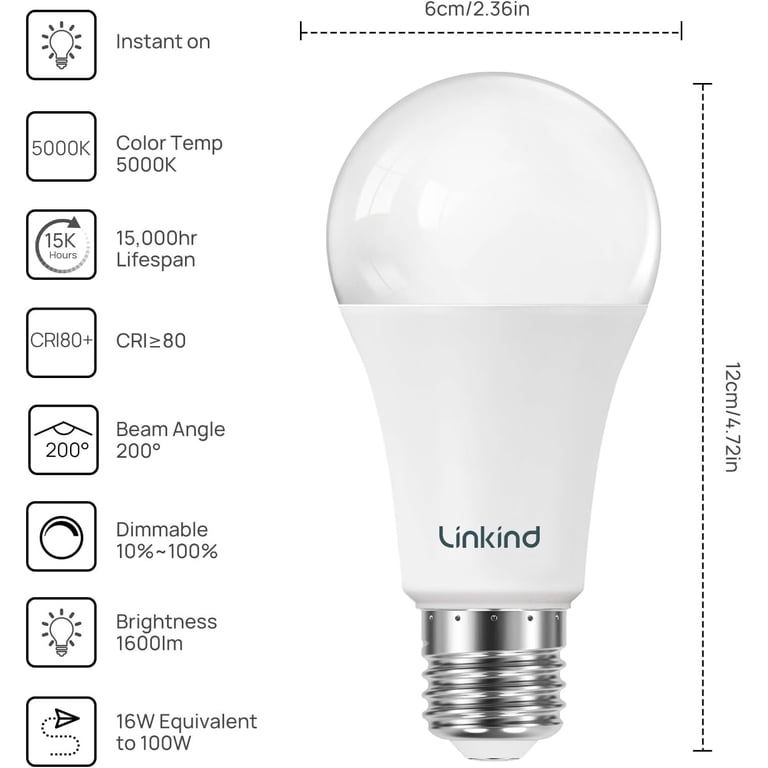Linkind A19 LED Bulbs, 100W Equivalent, Daylight, 6-Pack photo 2