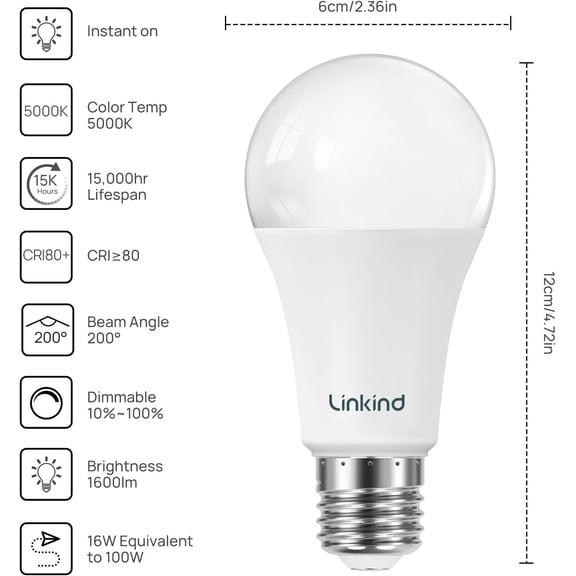 PYYAN-A19 LED Light Bulbs Dimmable, 100W Equivalent Light Bulbs, 16W, 5000K Daylight, 1600 Lumens LED Bulbs, E26 Standard Base, 120V, Lighting for Bedroom Living Room Home Office, 6 Packs