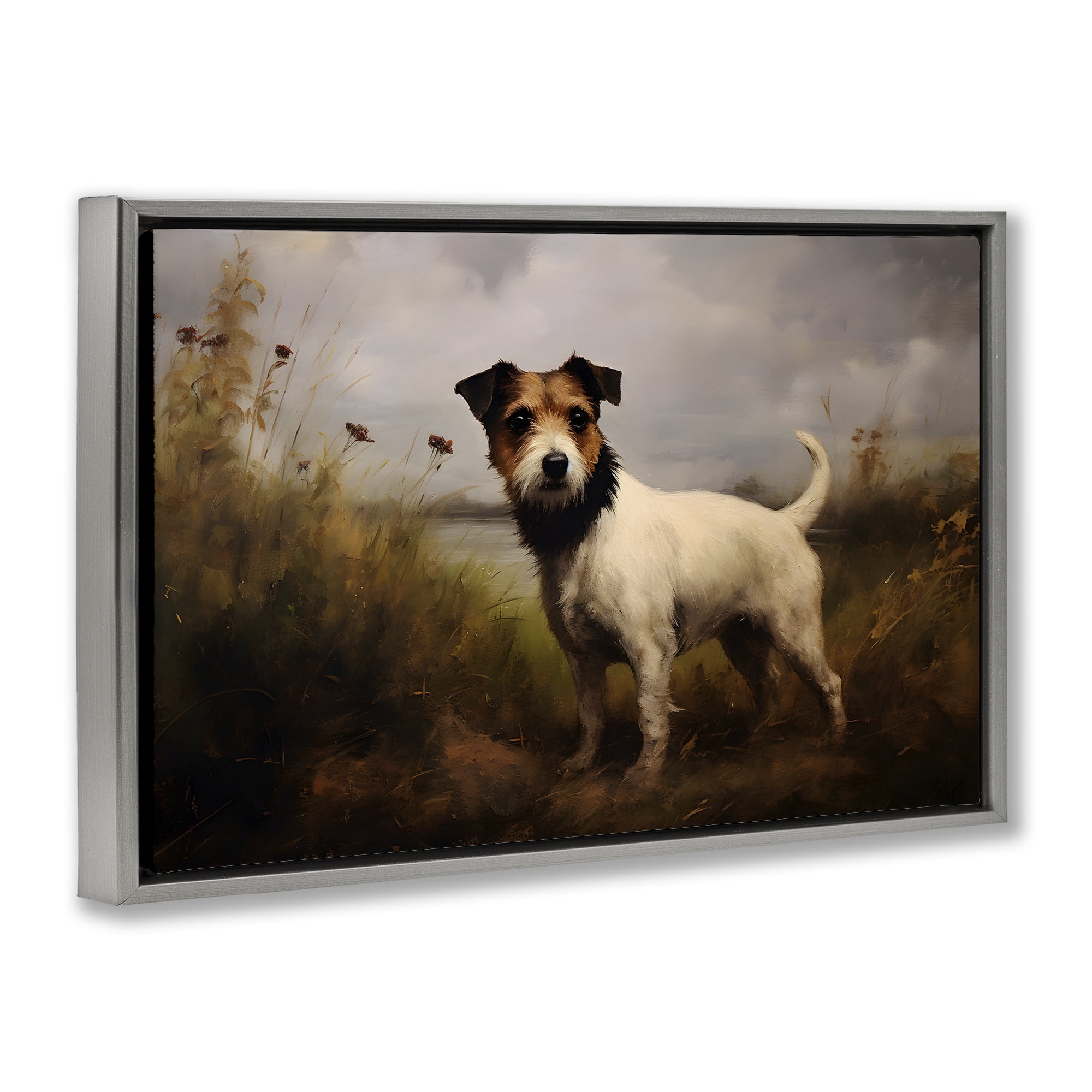 Stupell Industries Jack Russell Terrier Landscape Landscape Painting Gray Floater Framed Canvas Art Print Wall Art, 31 x 21