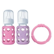 Baby Bundle Feeding Gift Pack with 4-Ounce Pink & Lilac Glass Bottles and Teether