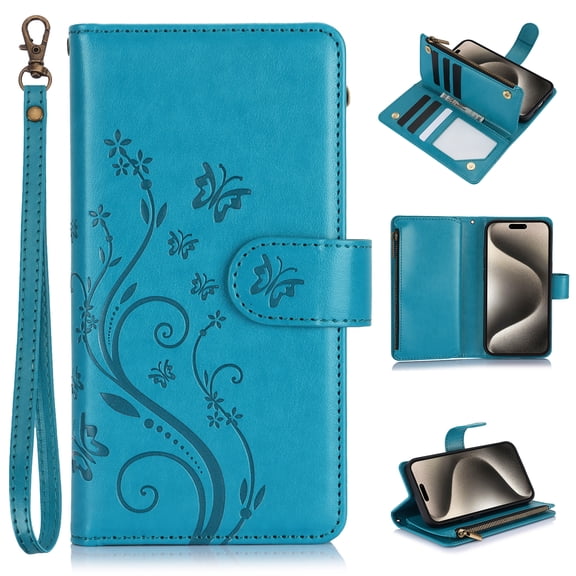 Butterfly Flower Embossed Wallet Case for iPhone 17, PU Leather Case Magnetic Closure Handbag Zipper Pocket Case Kickstand Card Slots with Hand Strap Flip Case for Women Girls, Blue