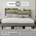 thumbnail image 4 of VanAcc Queen Size Bed Frame with RGBW LED Light & Charging Station, 50" High Linen Upholstered Platform Bed with 2-Tier Storage Headboard, Light Grey, 4 of 7