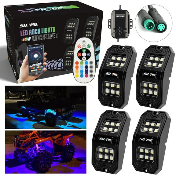 Sunpie 4PCS RGBW Rectangle LED Rock Lights with Bluetooth & Remote Controller for UTV ATV Offroad SUV Truck