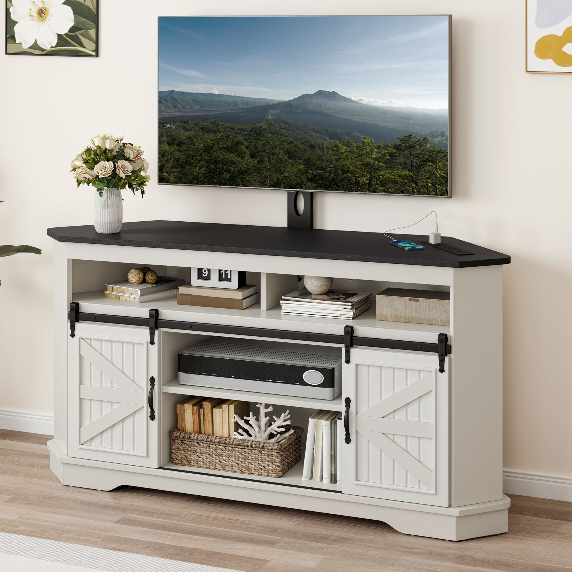Craftian TV Stand for 70" TV with Mount, Farmhouse Entertainment Center with Power Outlets & Sliding Barn Doors, White