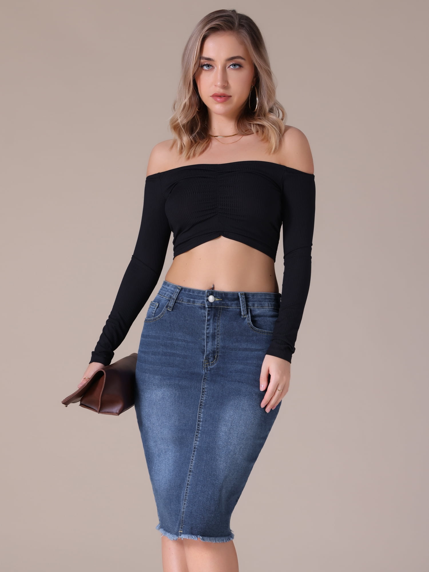 DARING DIVA Women's Denim Raw Hem Pockets Pencil Skirt M Dark Blue