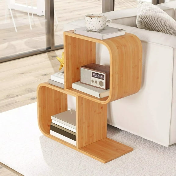 Harmijoy Bamboo Geometric Bookshelf 2-Tier S-Shaped Bookcase w/ Anti-tipping Device