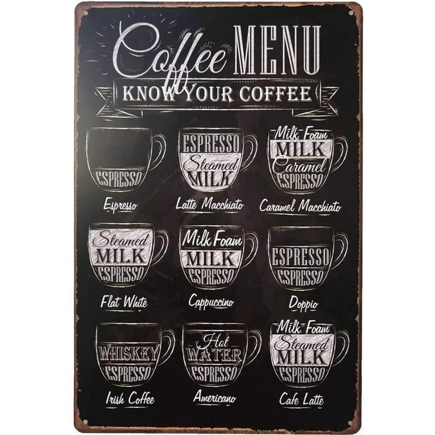 Download Popeven Coffee Menu Metal Signs Vintage Know Your Coffee Tin Signs For Cafe Bar Home Wall Decor Coffee Menu 12 X16 Walmart Com Walmart Com