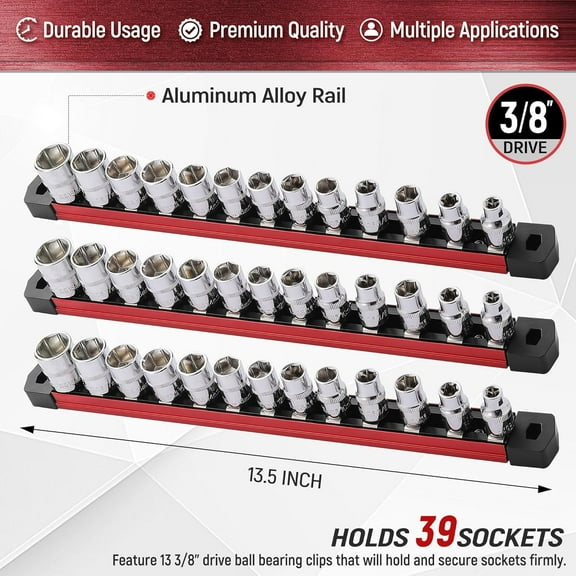 GHRTGR-3-Piece Magnetic Tool Organizer, Heavy Duty Aluminum Rails, 3/8-Inch Socket Holder x 39 Stainless Clips (Red)