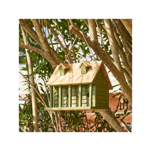 Glitzhome 14.25L Wood Hanging Birdhouse For Outdoors Oversized Distressed Cottage Bird House Rustic Painted Bird House For Bluebird Wren Chickadee Sparrow Bird Nest Box For Garden Patio Green