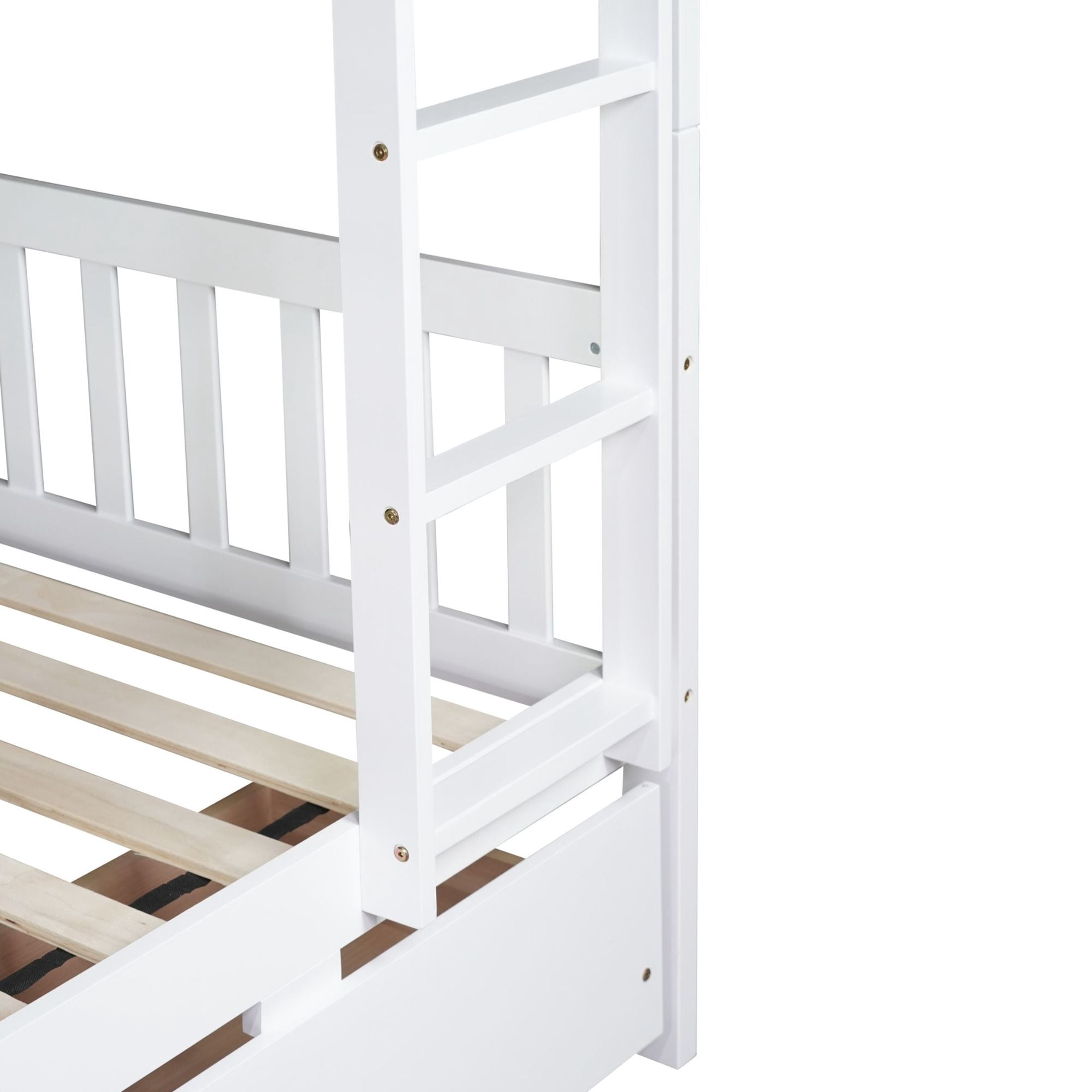 Noble House Twin Over Twin Rubber Wood Bunk Bed, Convertible Design with Ladder, Guardrails and Storage Drawers, White