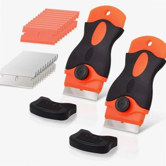 Razor Blade Scraper 2 pcs Cooktop Scraper Handle Adhesive Scraper with 10 Carbon Steel and 10 Plastic Blades for Removing Label,Sticker, Paint, Decals, Tint,Glue Residue from Glass Window Cooktop