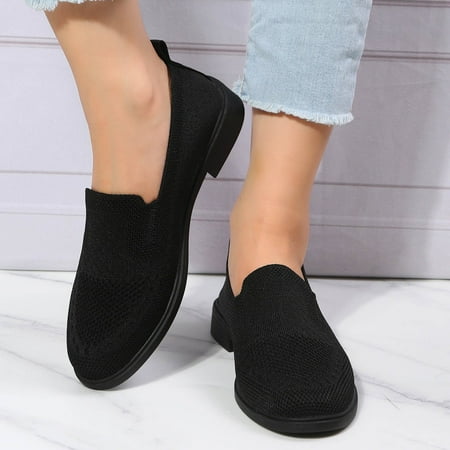 

FZM Women shoes Womens Casual Shoes Non Slip Mesh Solid Color Slip On Round Toe Breathable Square Heel Work Single Shoes