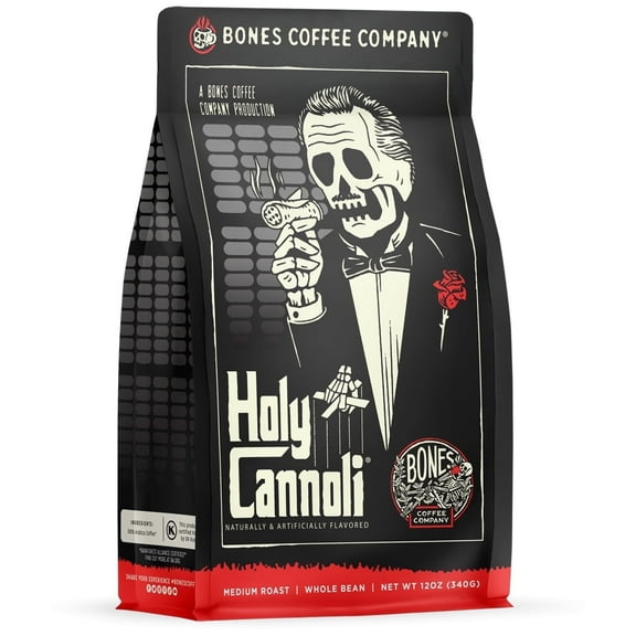 Bones Coffee Medium Roast Whole Bean Coffee | 12 oz Holy Cannoli Fresh Baked Cannoli Flavored Coffee
