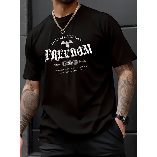 Men's Freedom Pigeon Print Tee Shirt, Tees For Men, Casual Short Sleeve T-shirt For Summer