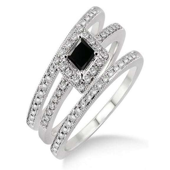 2 Carat Black Diamond Trio set Halo Ring on 10k White Gold