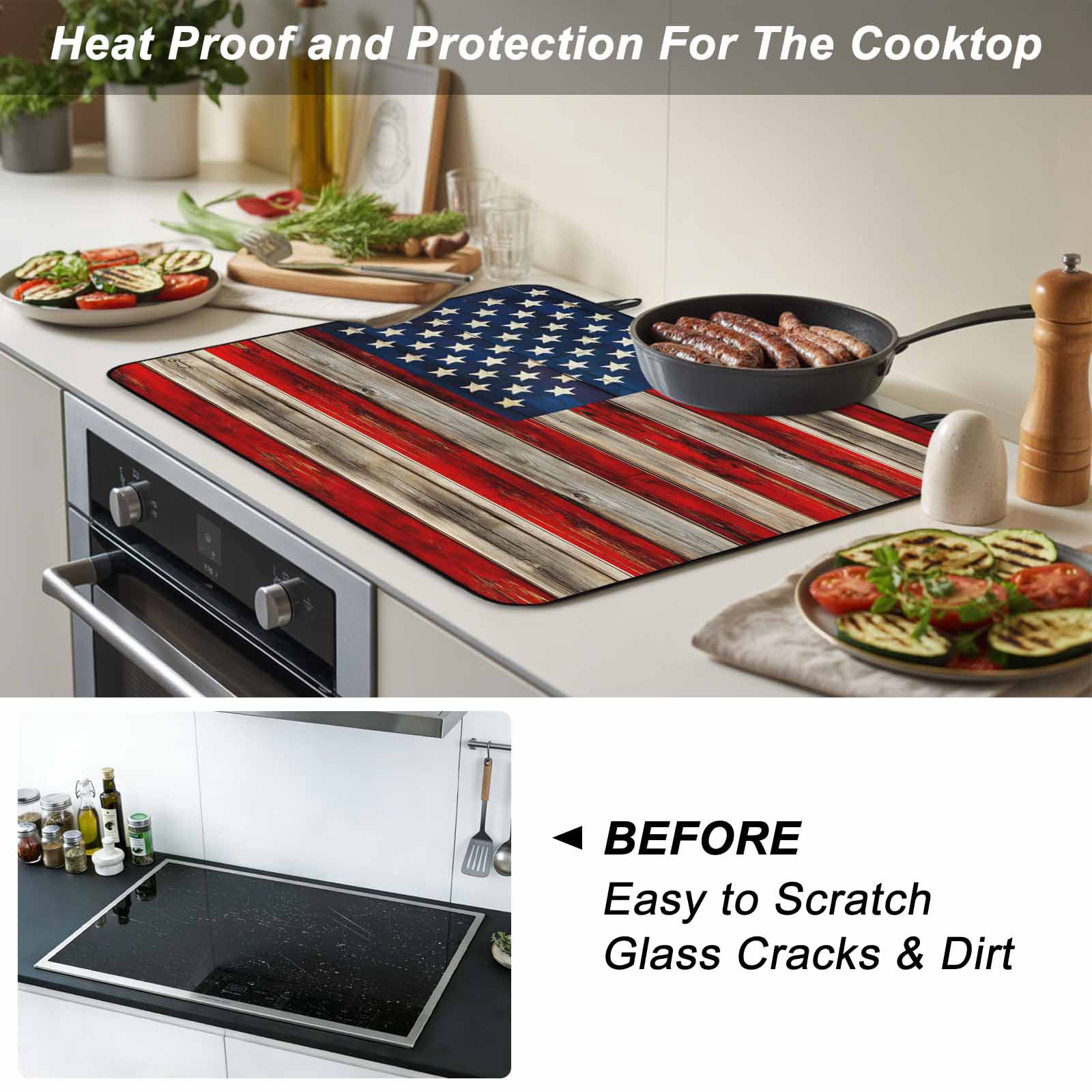 Vintage American Flag Stove Top Cover for Electric Stove, Heat-proof & Non Slip Glass Top Stove Cover Protector, Blue Star Red Striped Wooden Kitchen Flat Cooktop Rubber Mat 24x21 Inches