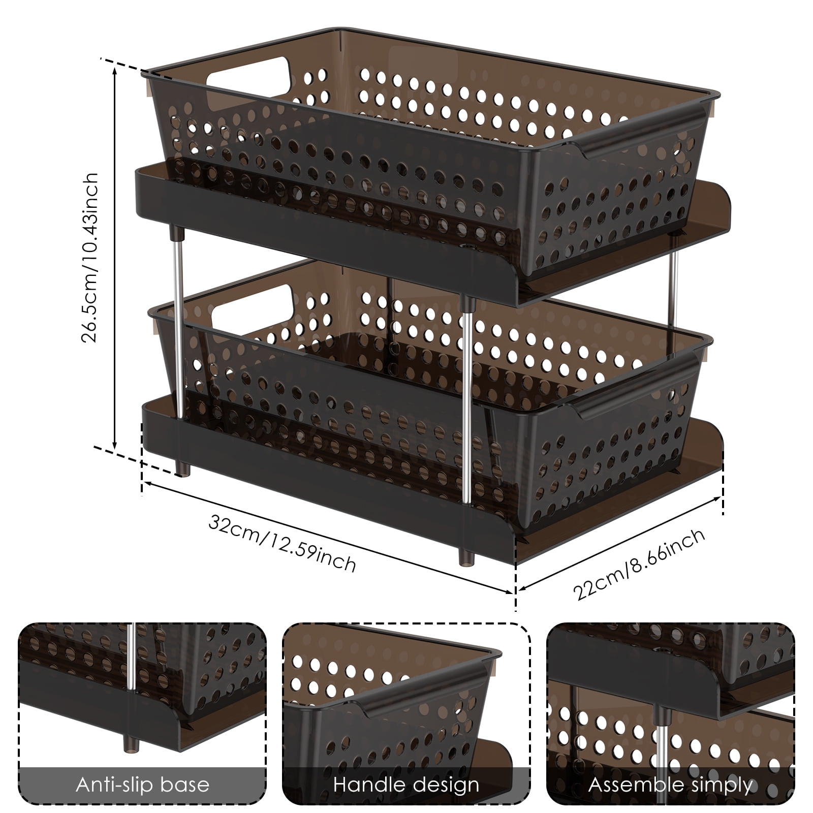 Dznils 2-Tier Under Sink Organizer and Storage, Pull Out Stackable Bathroom Cabinet Organizers Black