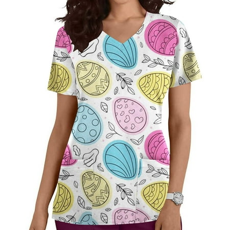 

LSLJS Nursing Scrubs Top for Women Easter Egg Bunny Print Working Uniform Short Sleeve V Neck Workwear Blouse T-shirt with Pockets on Clearance