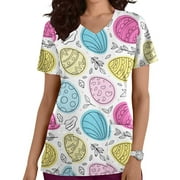 Uheoun Womens Tops Easter Day Scrubs for Women Fashion Short Sleeve V-Neck Tops Working Uniform Easter Printing With Pocket Blouse Tops